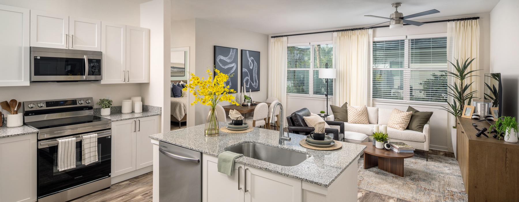 kitchen island with living room views
