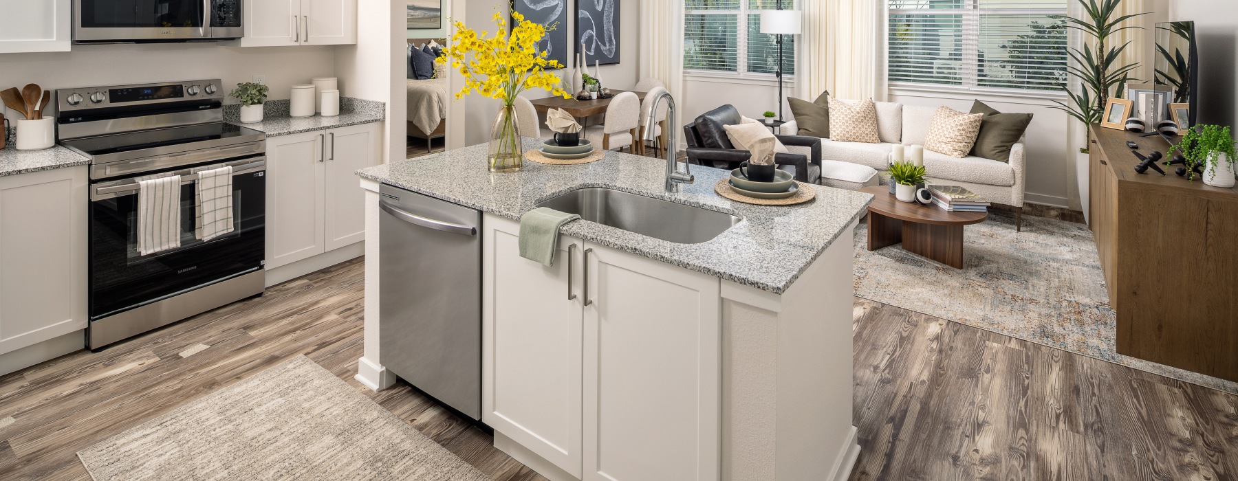 kitchen island with living room views